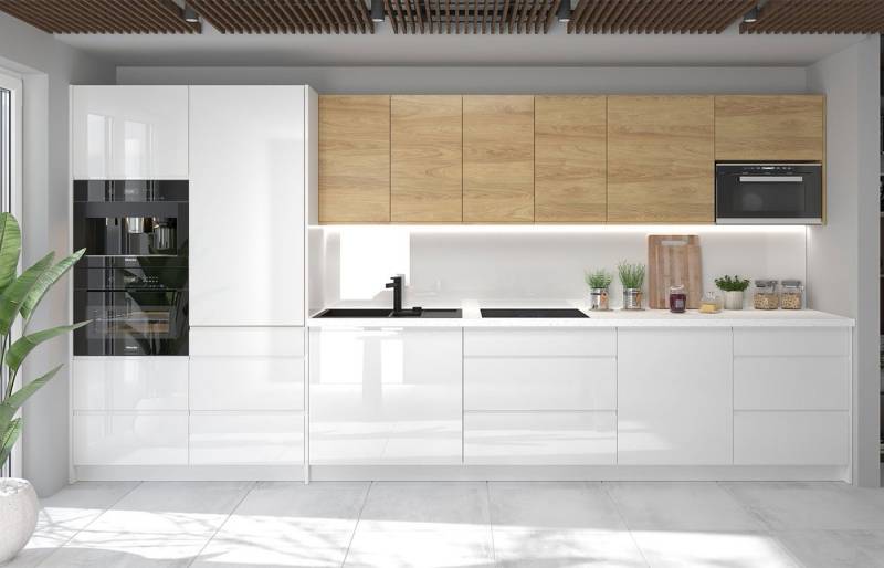 Feldmann-Wohnen Küchenzeile Carini, 406x60x207cm weiß Front weiß Hochglanz - Hickory Natur von Feldmann-Wohnen