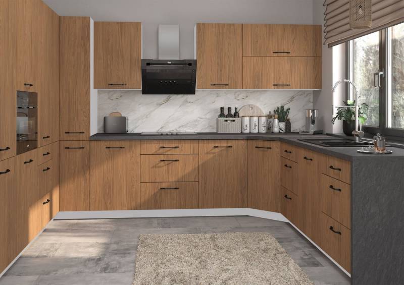 Feldmann-Wohnen Küchenzeile Casella, (Topfkarussell, Gasdruckdämpfer, Blum Metabox Teilauszug), U-Form, 15-teilig, grau / Casella Eiche Natur braun von Feldmann-Wohnen