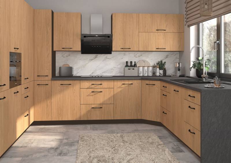 Feldmann-Wohnen Küchenzeile Casella, (Topfkarussell, Gasdruckdämpfer, Blum Metabox Teilauszug), U-Form, 15-teilig, lava / Casella Eiche Natur von Feldmann-Wohnen