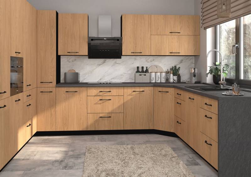 Feldmann-Wohnen Küchenzeile Casella, (Topfkarussell, Gasdruckdämpfer, Blum Metabox Teilauszug), U-Form, 15-teilig, schwarz / Casella Eiche Natur von Feldmann-Wohnen