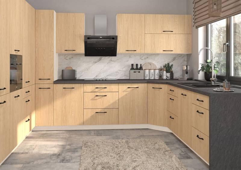 Feldmann-Wohnen Küchenzeile Casella, (Topfkarussell, Gasdruckdämpfer, Blum Metabox Teilauszug), U-Form, 15-teilig, weiß / Casella Eiche Natur hell von Feldmann-Wohnen