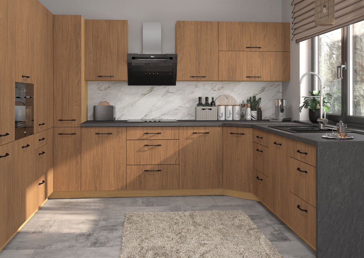 Feldmann-Wohnen Küchenzeile Casella, (Topfkarussell, Gasdruckdämpfer, HETTICH InnoTech Atira Vollauszug), U-Form, 15-teilig, Eiche Artisan / Casella Eiche Natur braun von Feldmann-Wohnen