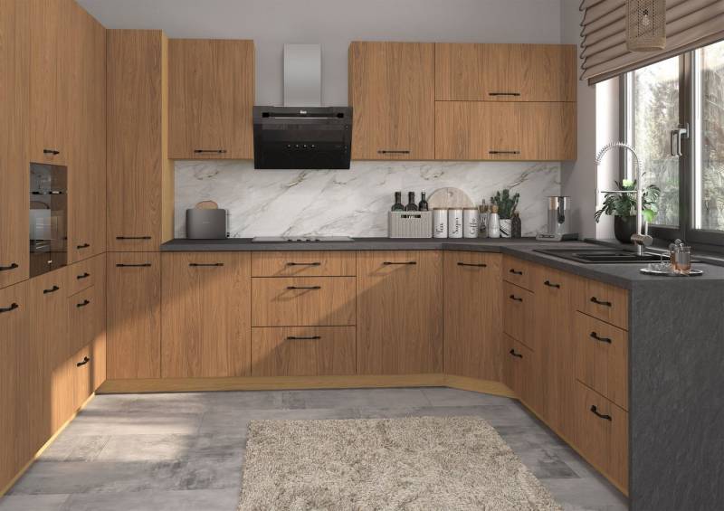 Feldmann-Wohnen Küchenzeile Casella, (Topfkarussell, Gasdruckdämpfer, HETTICH InnoTech Atira Vollauszug), U-Form, 15-teilig, Eiche Artisan / Casella Eiche Natur braun von Feldmann-Wohnen