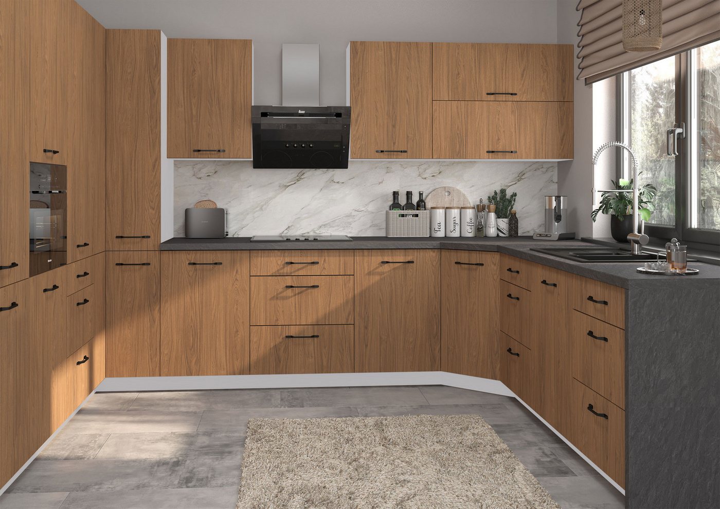 Feldmann-Wohnen Küchenzeile Casella, (Topfkarussell, Gasdruckdämpfer, HETTICH InnoTech Atira Vollauszug), U-Form, 15-teilig, grau / Casella Eiche Natur braun von Feldmann-Wohnen