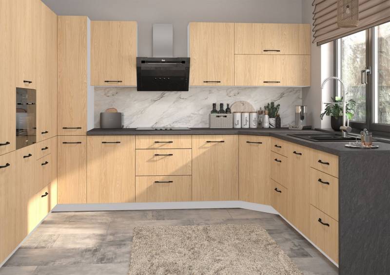 Feldmann-Wohnen Küchenzeile Casella, (Topfkarussell, Gasdruckdämpfer, HETTICH InnoTech Atira Vollauszug), U-Form, 15-teilig, grau / Casella Eiche Natur hell von Feldmann-Wohnen