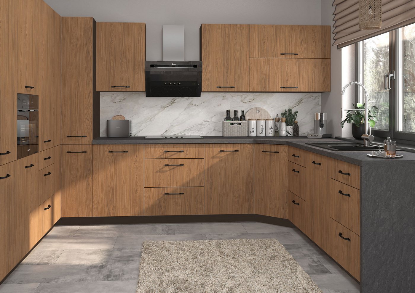 Feldmann-Wohnen Küchenzeile Casella, (Topfkarussell, Gasdruckdämpfer, HETTICH InnoTech Atira Vollauszug), U-Form, 15-teilig, lava / Casella Eiche Natur braun von Feldmann-Wohnen