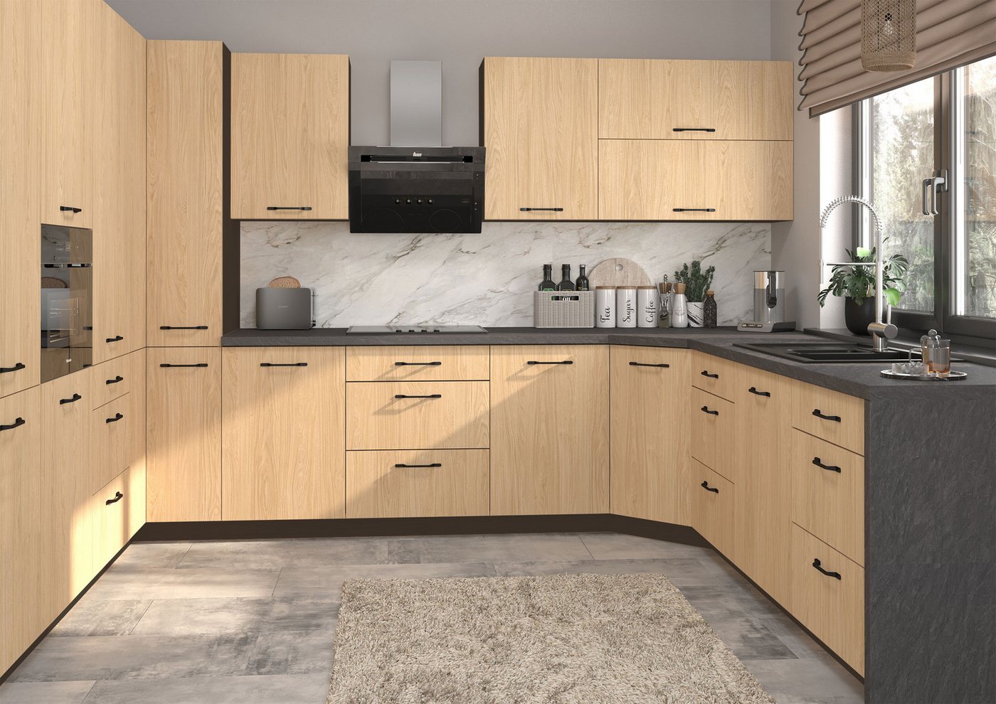 Feldmann-Wohnen Küchenzeile Casella, (Topfkarussell, Gasdruckdämpfer, HETTICH InnoTech Atira Vollauszug), U-Form, 15-teilig, lava / Casella Eiche Natur hell von Feldmann-Wohnen