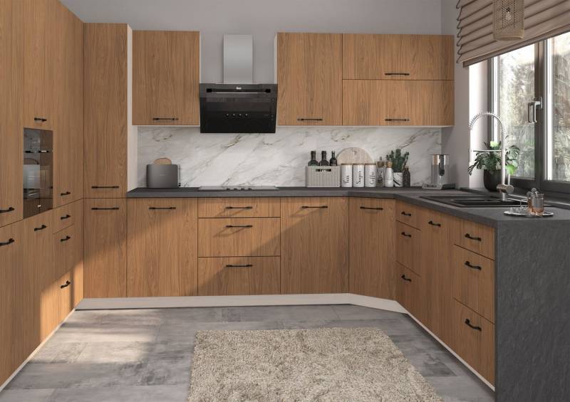 Feldmann-Wohnen Küchenzeile Casella, (Topfkarussell, Gasdruckdämpfer, HETTICH InnoTech Atira Vollauszug), U-Form, 15-teilig, weiß / Casella Eiche Natur braun von Feldmann-Wohnen