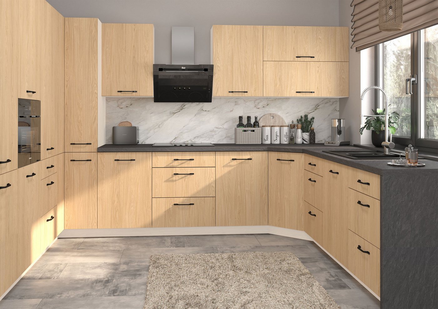 Feldmann-Wohnen Küchenzeile Casella, (Topfkarussell, Gasdruckdämpfer, HETTICH InnoTech Atira Vollauszug), U-Form, 15-teilig, weiß / Casella Eiche Natur hell von Feldmann-Wohnen