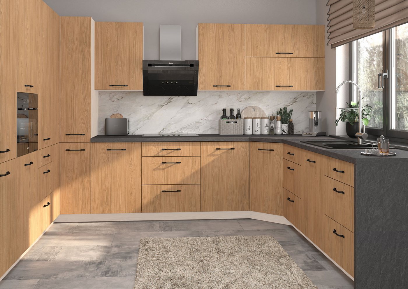 Feldmann-Wohnen Küchenzeile Casella, (Topfkarussell, Gasdruckdämpfer, HETTICH InnoTech Atira Vollauszug), U-Form, 15-teilig, weiß / Casella Eiche Natur von Feldmann-Wohnen