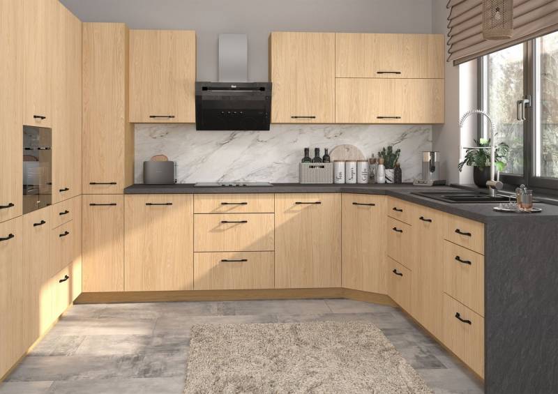 Feldmann-Wohnen Küchenzeile Casella, (Topfkarussell, Gasdruckdämpfer, REJS Comfortbox Vollauszug), U-Form, 15-teilig, Eiche Artisan / Casella Eiche Natur hell von Feldmann-Wohnen