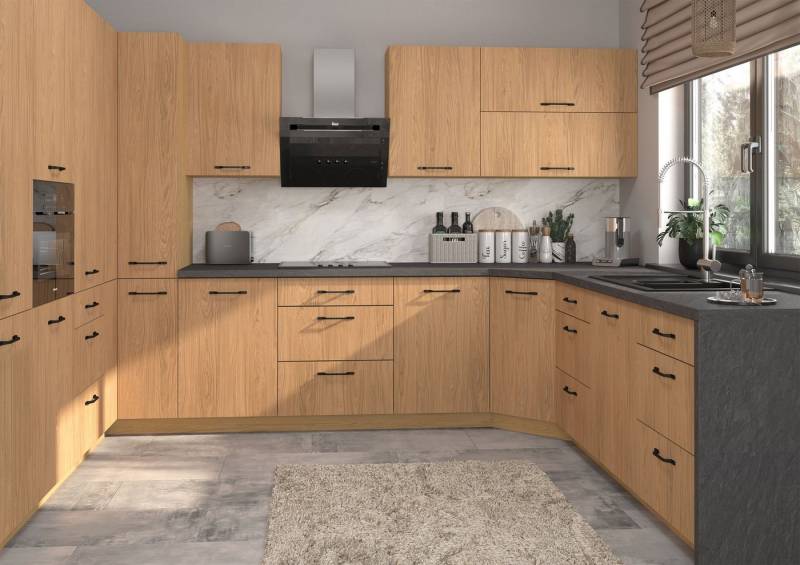 Feldmann-Wohnen Küchenzeile Casella, (Topfkarussell, Gasdruckdämpfer, REJS Comfortbox Vollauszug), U-Form, 15-teilig, Eiche Artisan / Casella Eiche Natur von Feldmann-Wohnen