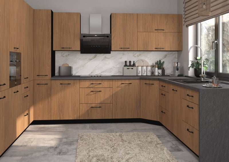 Feldmann-Wohnen Küchenzeile Casella, (Topfkarussell, Gasdruckdämpfer, REJS Comfortbox Vollauszug), U-Form, 15-teilig, schwarz / Casella Eiche Natur braun von Feldmann-Wohnen