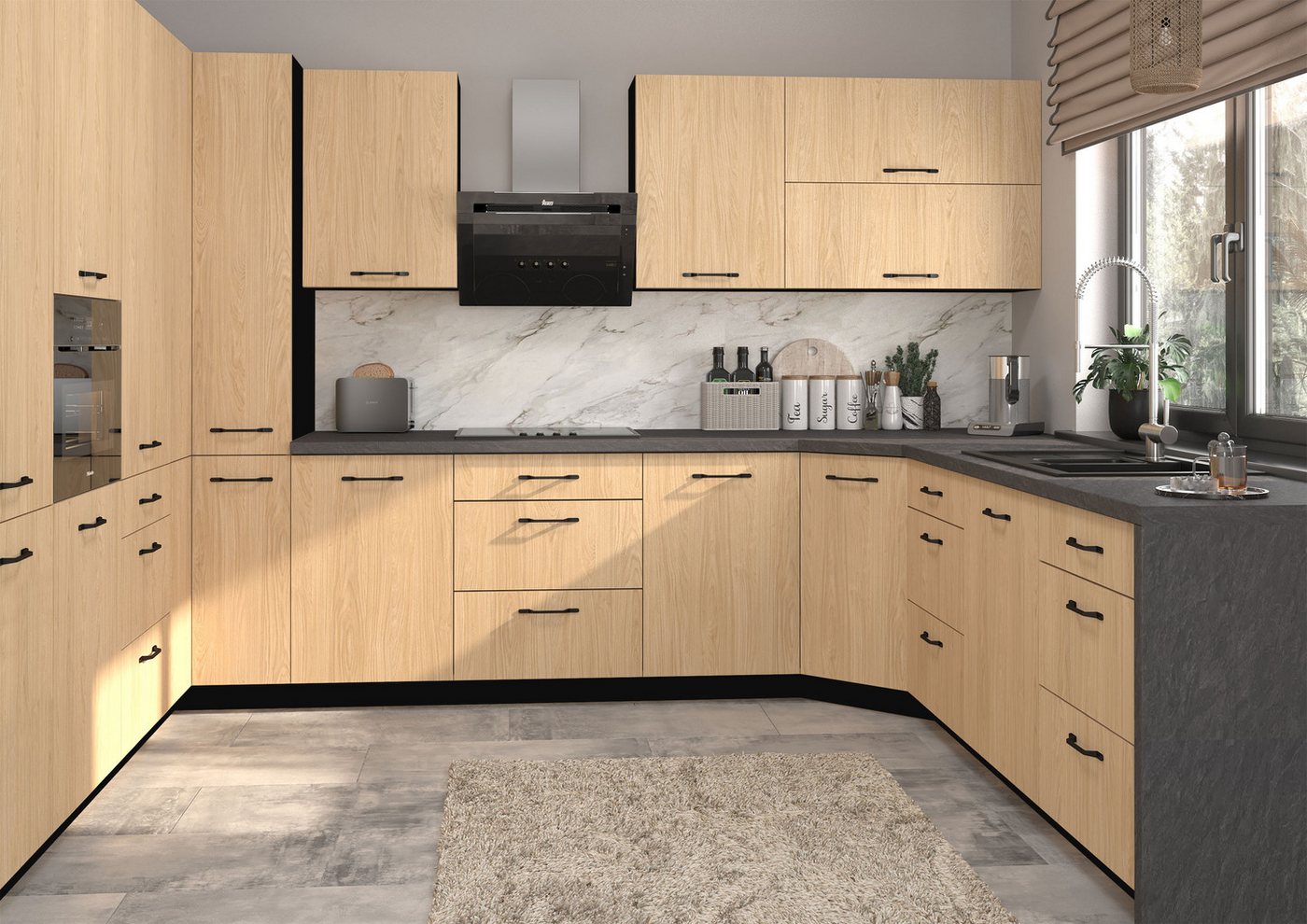 Feldmann-Wohnen Küchenzeile Casella, (Topfkarussell, Gasdruckdämpfer, REJS Comfortbox Vollauszug), U-Form, 15-teilig, schwarz / Casella Eiche Natur hell von Feldmann-Wohnen