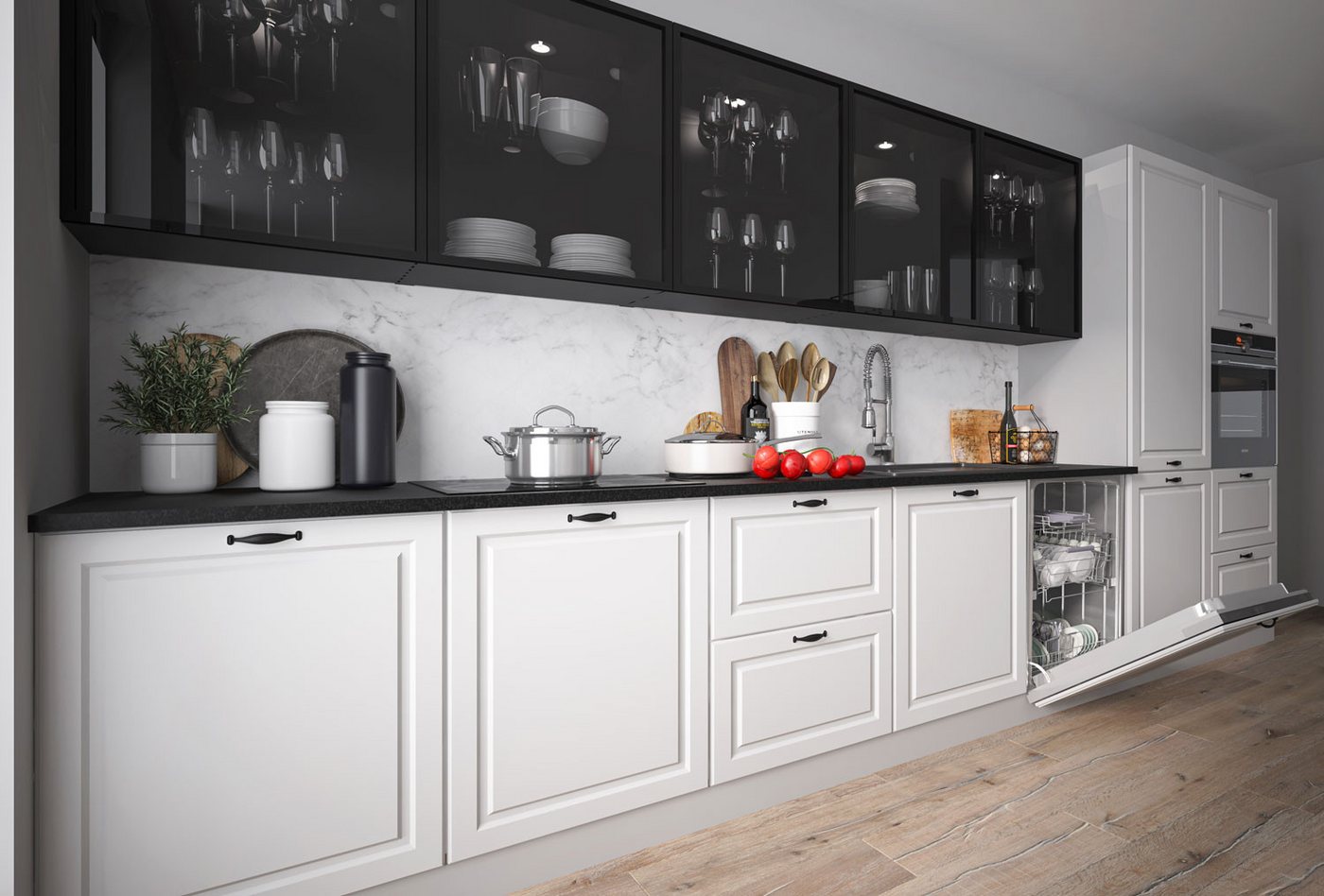 Feldmann-Wohnen Küchenzeile Elbing, 420cm grau matt/weiß + schwarz 12-teilig mit Vollauszug von Feldmann-Wohnen