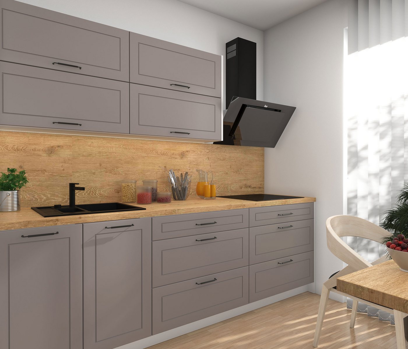 Feldmann-Wohnen Küchenzeile Kvantum, (Klappen mit Gasdruckdämpfer, Blum Metabox), 240cm, 7-tlg, Weiß / Beige Matt - Blum Metabox von Feldmann-Wohnen