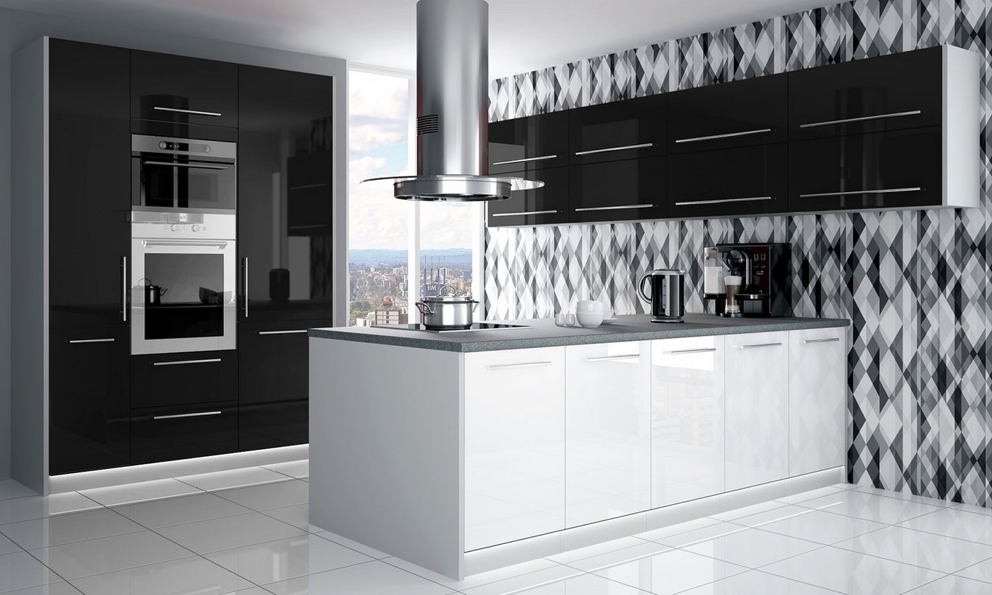 Feldmann-Wohnen Küchenzeile Platinum, weiß / schwarz - weiß Hochglanz, Fronten mit leicht abgerundeten Ecken von Feldmann-Wohnen