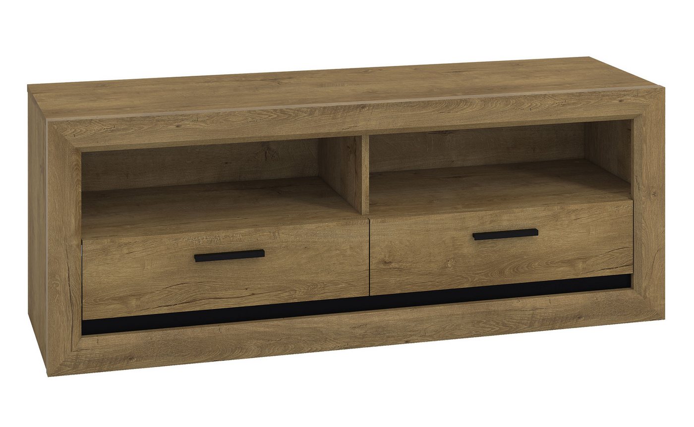 Feldmann-Wohnen Lowboard Baltica (2 Schubladen mit Vollauszug, 2 offene Fächer, 1 St., formschöne schwarze Kunststoffgriffe), 147x43x55cm Eiche Lefkas / schwarz von Feldmann-Wohnen