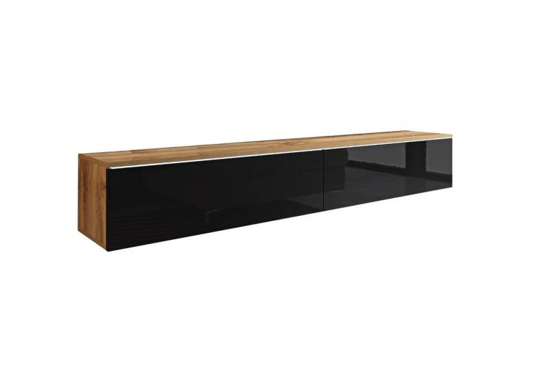 Feldmann-Wohnen Lowboard Lowboard D (2 Klappen, innen 2 Fächer, 1 St., moderne Optik, grifflos, hängend oder stehend montierbar), 180x32x30cm Wotan Eiche / Schwarz Hochglanz grifflos von Feldmann-Wohnen
