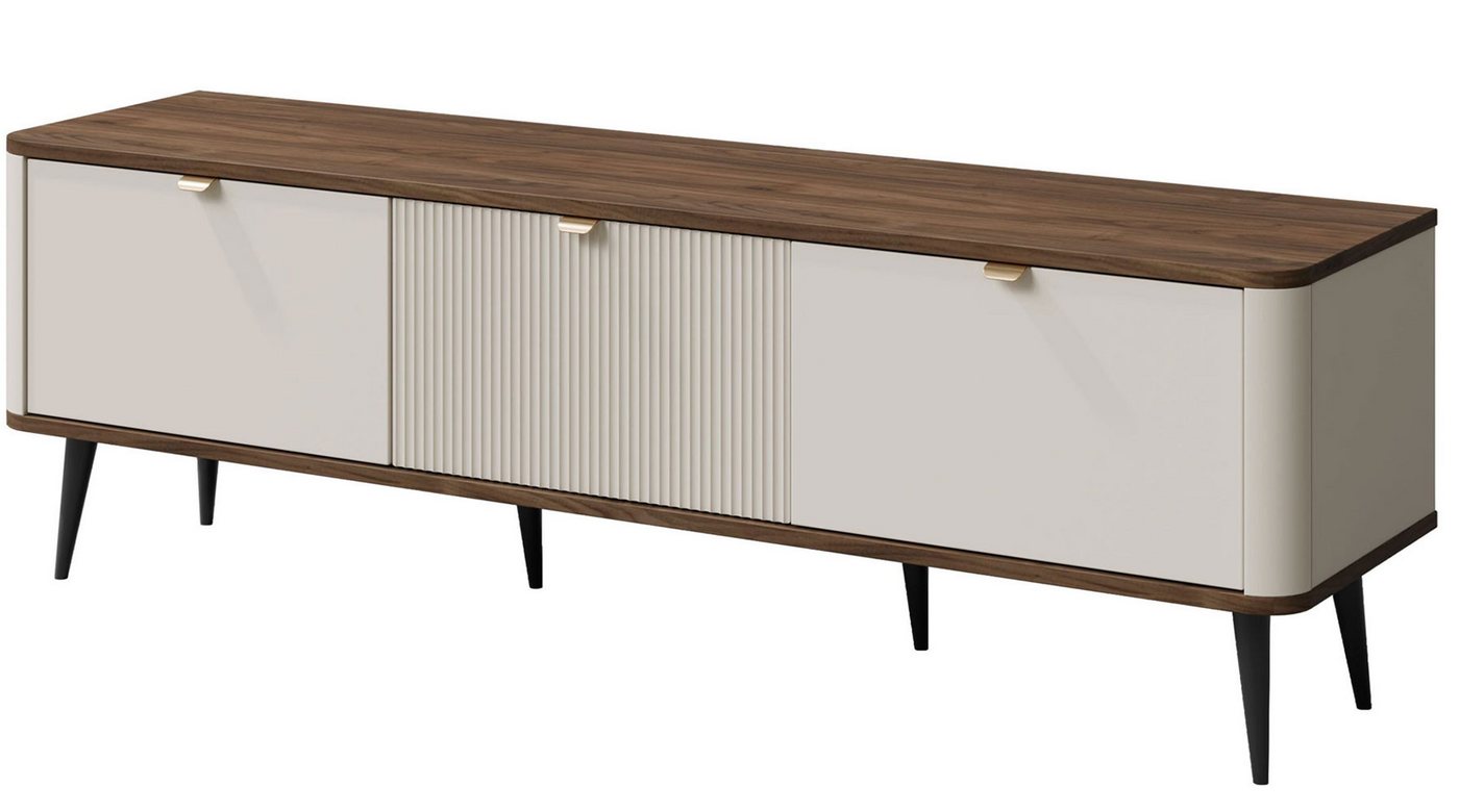 Feldmann-Wohnen Lowboard Marly (3 Drehtüren, 3 geschlossenen Fächern, 1 St., moderne Optik, abgerundeter Korpus, Zugengriffe aus Metall), 160x40x52cm Kaschmir / Walnuss von Feldmann-Wohnen