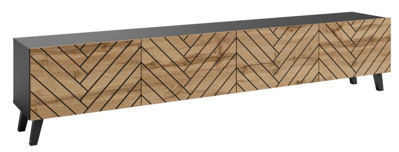 Feldmann-Wohnen Lowboard Phuket (mit Klapptüren, 1 St., moderne Optik, 4-türig, Front MDF), 190x32x39cm 4-türig Graphit Schwarz / Wotan Eiche Fischgrätenmuster von Feldmann-Wohnen