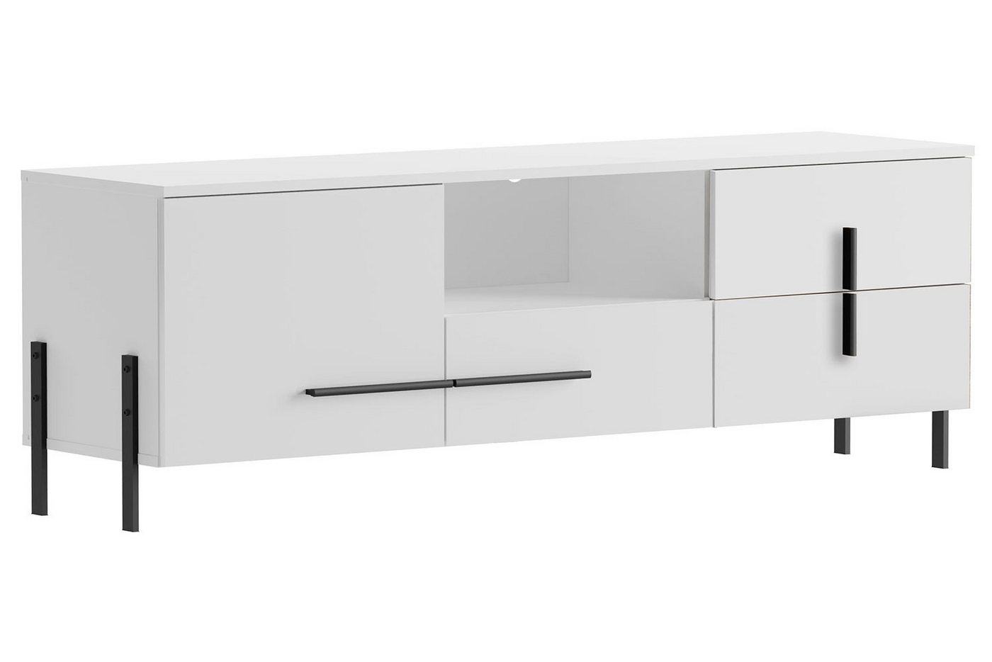 Feldmann-Wohnen Lowboard Vigo (1 Tür, 1 offenes Fach, 3 Schubladen, 1 St., moderne Optik, Kunststoffgriffe & Metallfüße in schwarz matt), 150x40x52cm Korpus weiß / Front weiß Hochglanz von Feldmann-Wohnen