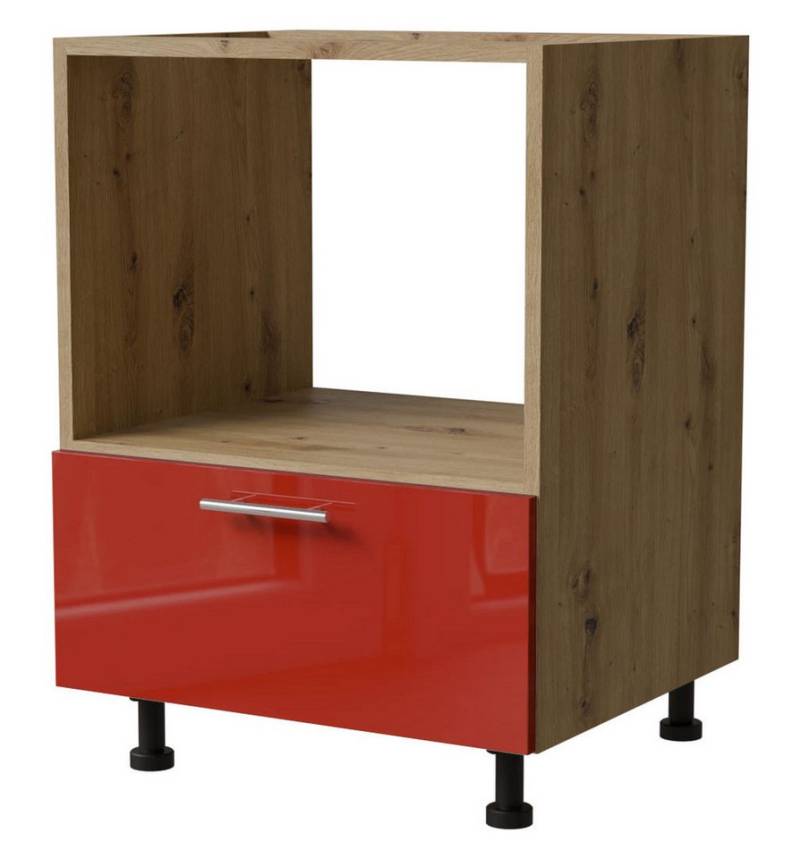 Feldmann-Wohnen Ofenumbauschrank Brerra (1 Gerätefach für Kompaktöfen, 1 Schublade (wählbares Schubladensystem), 1-St., moderne Optik, lackierte Fronten, Soft-Close, D11K/60/Kompakt) 60x50x82cm Eiche Artisan / RAL 3002 karminrot Hochglanz von Feldmann-Wohnen