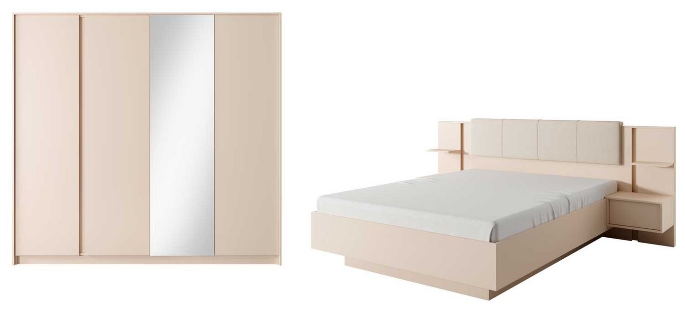 Feldmann-Wohnen Schlafzimmer-Set Dast, (Liegefläche 160x200cm, mit Push to Open Funktion, Grifflos, 2-St., Kleiderschrank, Bett mit Holzrahmen-Lattenrost, ohne LED-Beleuchtung), 2-teilig beige von Feldmann-Wohnen