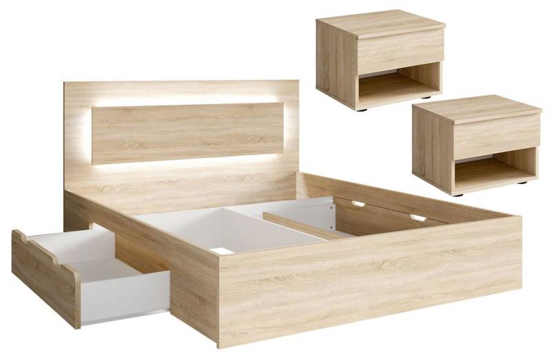 Feldmann-Wohnen Schlafzimmer-Set Fino, (mit 2 Nachtkonsolen mit je 2 Schubladen, 2 Bettschubladen, Griffmulden, 3-tlg., moderne Optik, ohne Soft-Close, LED im Kopfteil), 140x200cm Liegefläche, sonoma eiche, mit Lattenrost & LED-Licht von Feldmann-Wohnen