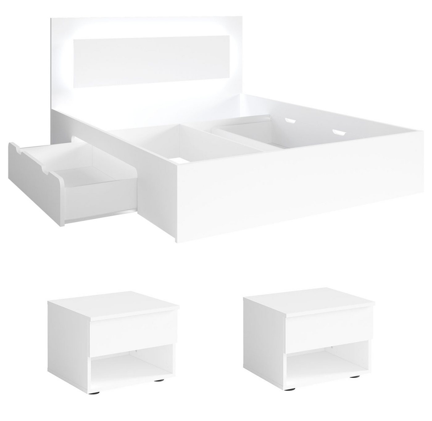 Feldmann-Wohnen Schlafzimmer-Set Fino, (mit 2 Nachtkonsolen mit je 2 Schubladen, 2 Bettschubladen, Griffmulden, 3-tlg., moderne Optik, ohne Soft-Close, LED im Kopfteil), 160x200cm Liegefläche, weiß, mit Lattenrost & LED-Licht von Feldmann-Wohnen