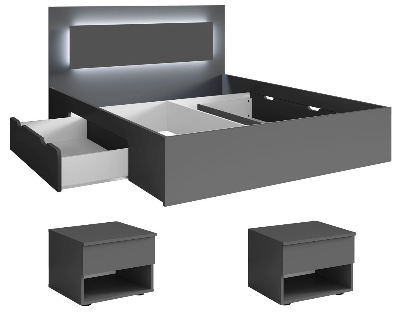 Feldmann-Wohnen Schlafzimmer-Set Fino, (mit 2 Nachtkonsolen mit je 2 Schubladen, 2 Bettschubladen, Griffmulden, 3-tlg., moderne Optik, ohne Soft-Close, LED im Kopfteil), 180x200cm Liegefläche, graphit, mit Lattenrost & LED-Licht von Feldmann-Wohnen
