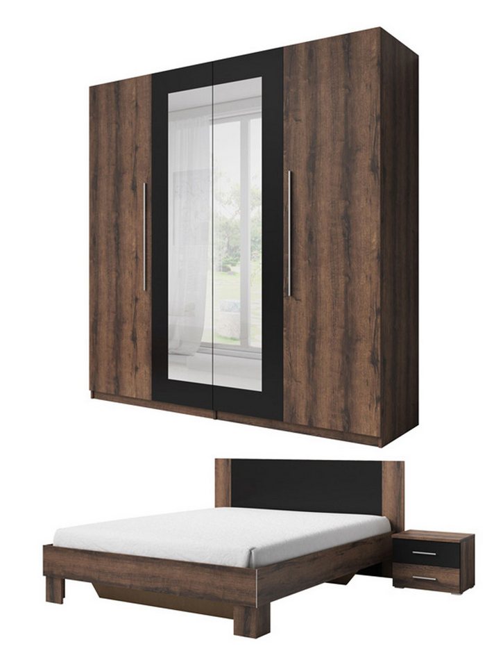 Helvetia Schlafzimmer-Set Vera, (2 Nachttische, 1 Bett, 1 Kleiderschrank, 4-St., Kunststoffgriffe ohne Beleuchtung), 460,3x205x214cm schwarz matt / schwarz Hochglanz 4 Teilig von Helvetia