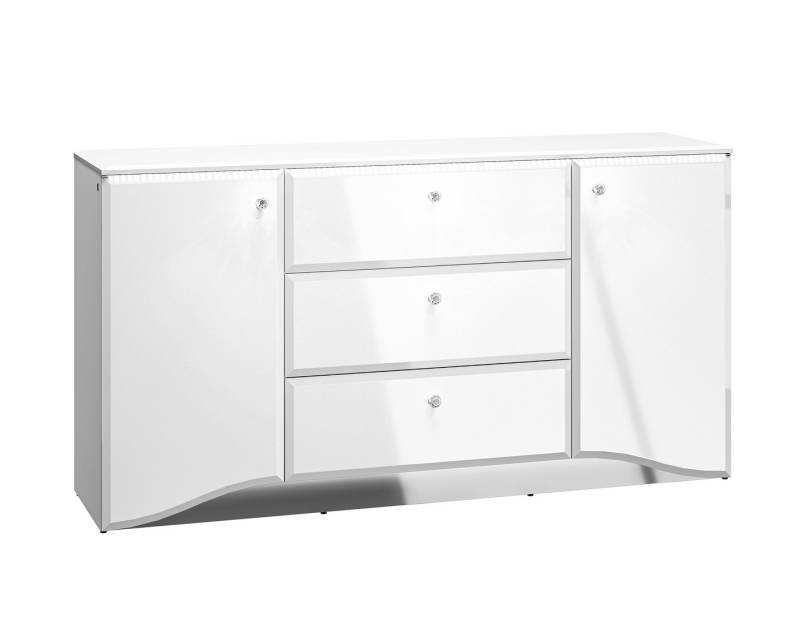 Feldmann-Wohnen Sideboard Glamour (2 Türen, innen je 1 Holzboden, 4 Schubladen, 1 St., formschöne chromglänzende Knopfgriffe mit Kristallglas, Diamantenform), 160x41x85cm weiß / weiß hochglanz von Feldmann-Wohnen