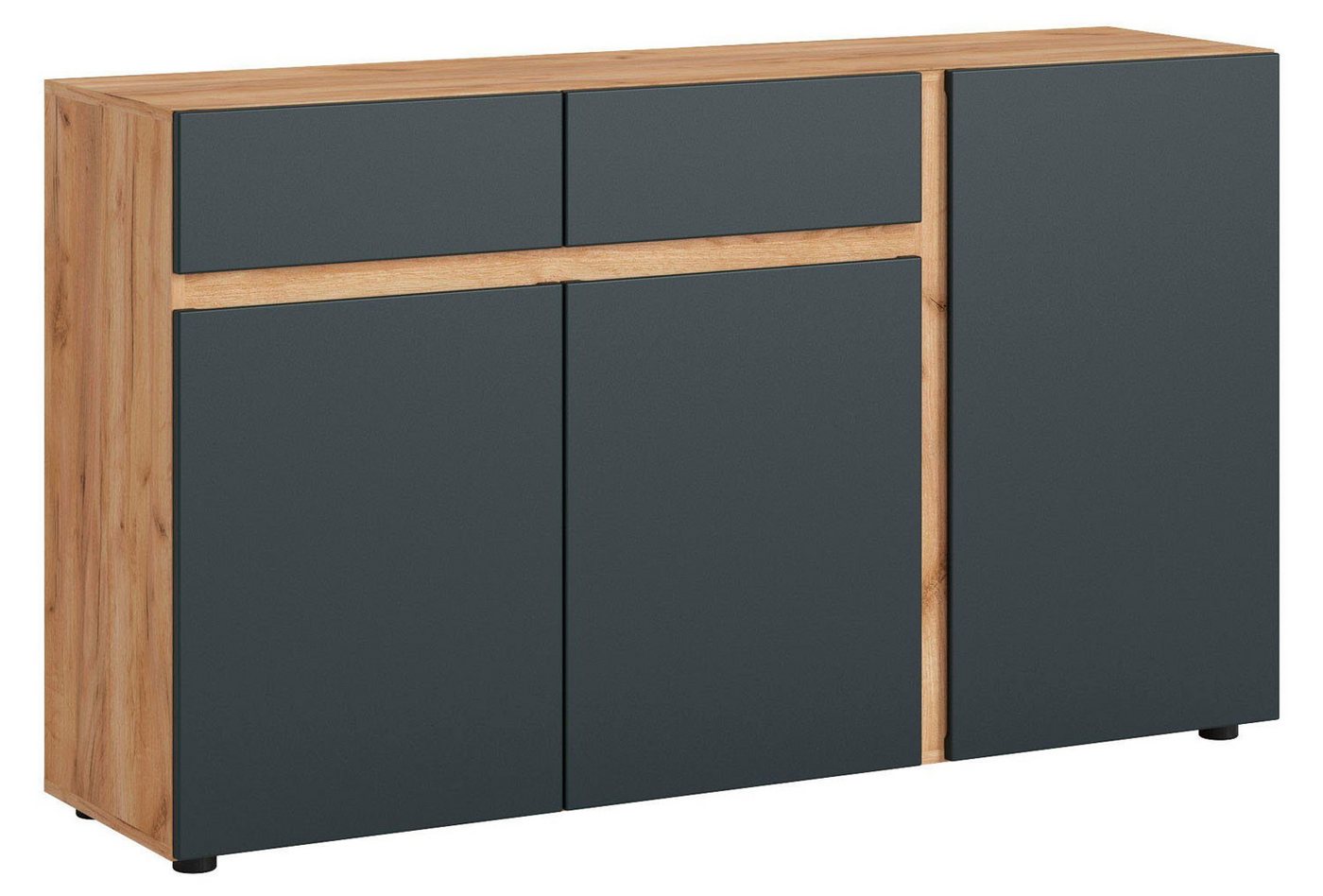 Feldmann-Wohnen Sideboard Morongo (3 Türen, 2 Schubladen, 3 Einlegeböden, 1 St., moderne Optik, Grifflos, Füße in Schwarz), 150x40x86cm / Eiche Kraft Gold / anthrazit von Feldmann-Wohnen