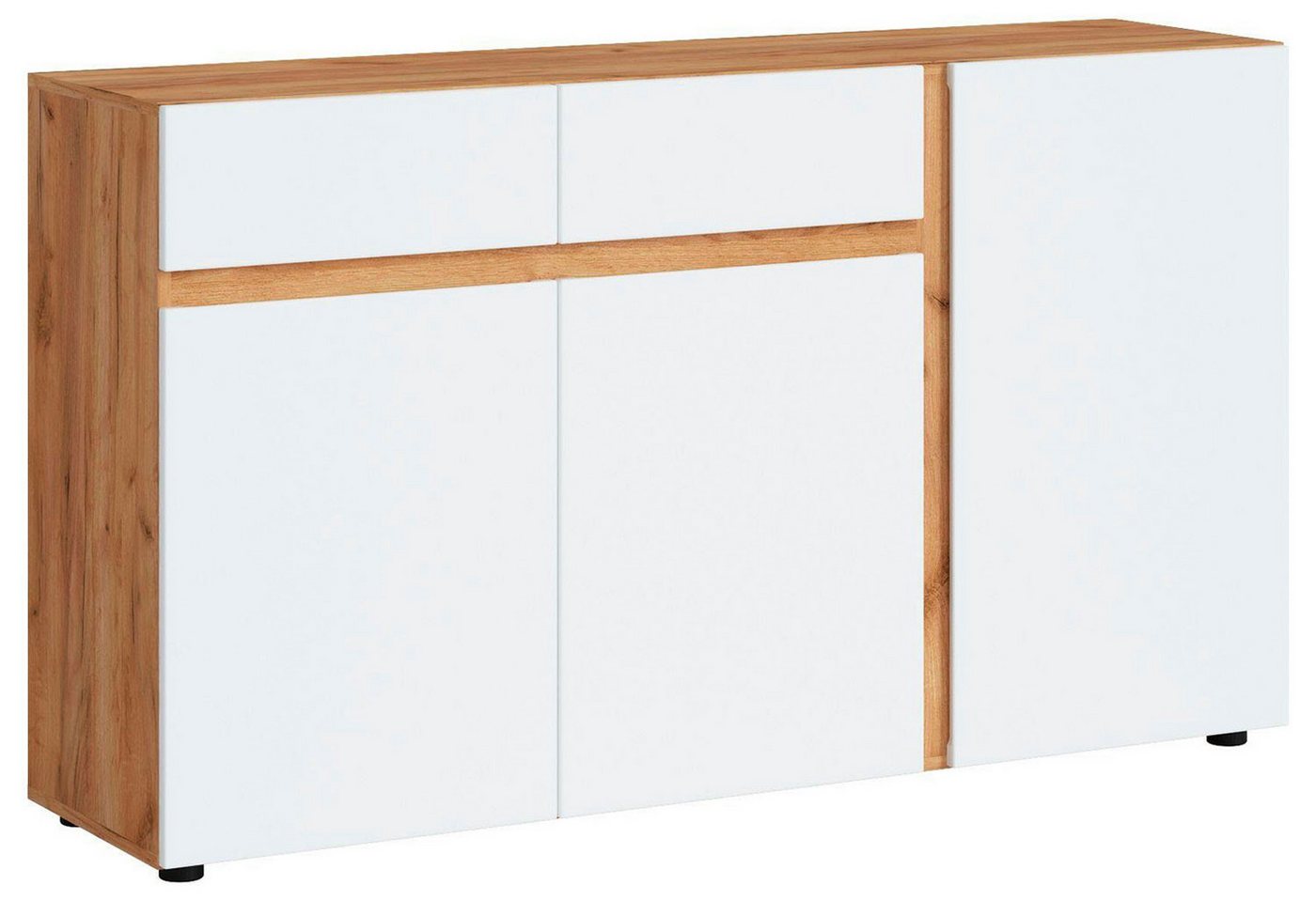 Feldmann-Wohnen Sideboard Morongo (3 Türen, 2 Schubladen, 3 Einlegeböden, 1 St., moderne Optik, Grifflos, Füße in Schwarz), 150x40x86cm Eiche Kraft Gold / weiß von Feldmann-Wohnen