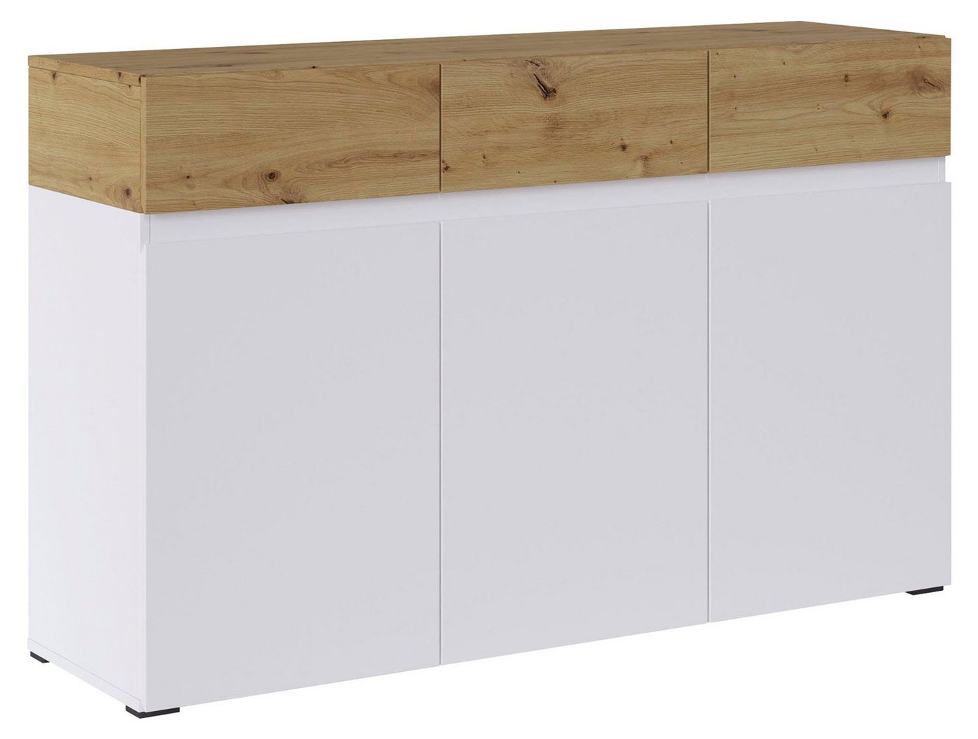 Feldmann-Wohnen Sideboard Rimini (3 Holztüren, 3 Einlegeböden, 3 Schubladen, 1 St., moderne Optik, grifflos, Füße in Schwarz), 135x40x86cm weiß Eiche Artisan von Feldmann-Wohnen