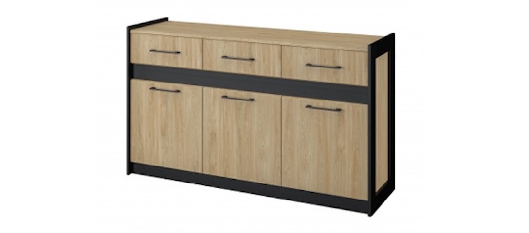 Feldmann-Wohnen Sideboard Stenly (3 Türen, dahinter je mit 1 Holzboden, 3 Schubladen mit Vollauszug, 1 St., Soft-Close-Funktion, Griffe aus Metall, schwarz), 153x45x89cm eiche provence schwarz Industrial-Design von Feldmann-Wohnen