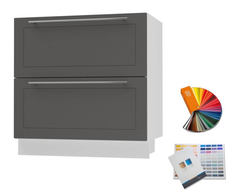 Feldmann-Wohnen Unterschrank Bari (D2M/80, 2 Schubladen, Blum Metabox Teilauszug, 1-St., moderne Optik, lackierte Fronten, Soft-Close) 80x50x82cm RAL 1002 Sandgelb / Lava Matt von Feldmann-Wohnen