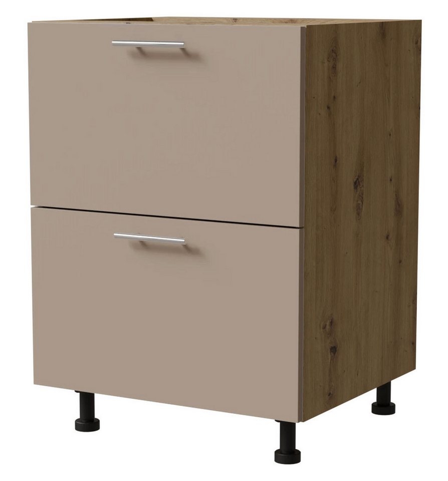 Feldmann-Wohnen Unterschrank Brerra (D2/60, 2 Schubladen - HETTICH InnoTech Atira (Vollauszug, Selbsteinzug), 1-St., moderne Optik, lackierte Fronten, Soft-Close) 60x50x82cm Korpus eiche artisan / Front graubeige Matt von Feldmann-Wohnen