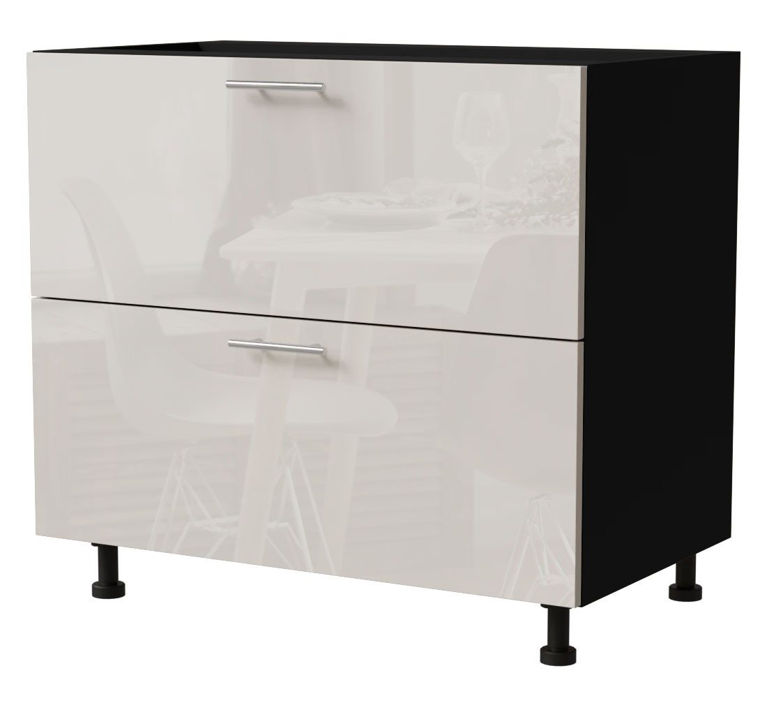 Feldmann-Wohnen Unterschrank Brerra (D2A/90, 2 Schubladen, HETTICH InnoTech Atira Vollauszug, 1-St., moderne Optik, lackierte Fronten, 90x50x82cm) schwarz / RAL 9001 creme Hochglanz von Feldmann-Wohnen