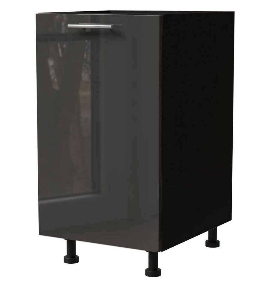 Feldmann-Wohnen Unterschrank Essen (D1D/30, 1-türig, 1 Einlegeboden, 1-St., abrieb- / kratzfeste Fronten, chromglänzende Reling Metallgriffe) 45x50x82cm Front Graphit Hochglanz / Korpus Schwarz Matt von Feldmann-Wohnen