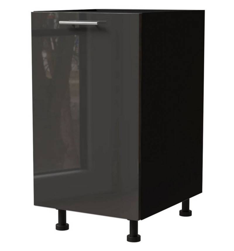 Feldmann-Wohnen Unterschrank Essen (D1D/30, 1-türig, 1 Einlegeboden, 1-St., abrieb- / kratzfeste Fronten, chromglänzende Reling Metallgriffe) 45x50x82cm Front Graphit Hochglanz / Korpus Schwarz Matt von Feldmann-Wohnen