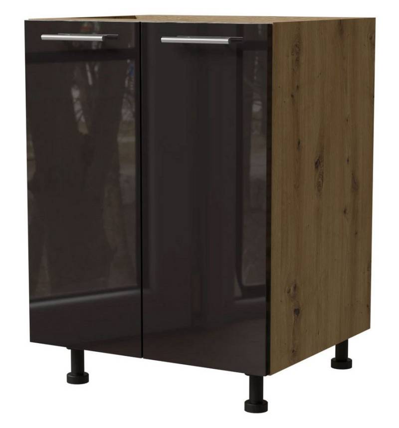 Feldmann-Wohnen Unterschrank Essen (D11/60, 2-türig, 1 Einlegeboden, 1-St., moderne Optik, Acrylfronten mit Glaseffekt) 60x50x82cm Front Schwarz Hochglanz / Korpus Eiche Artisan Matt von Feldmann-Wohnen