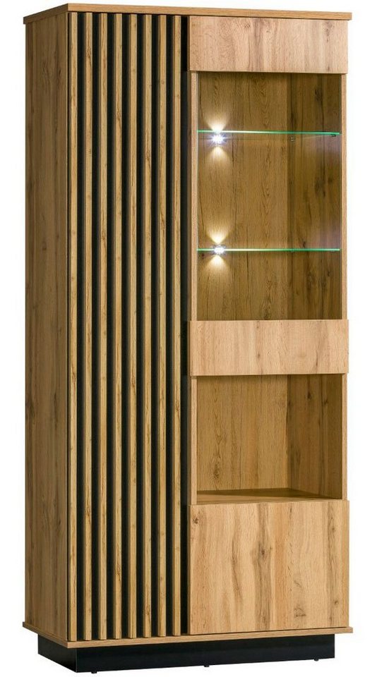Feldmann-Wohnen Vitrine Lamia (mit Glaseinsatz, Dekoration & Beleuchtung, 1-St., Kunststoffgriffe in schwarz, Front mit dekorativen Lamellen) 90cm Wotan Eiche schwarz 2 Türen, innen 6 Holzböden & 2 Glasböden von Feldmann-Wohnen