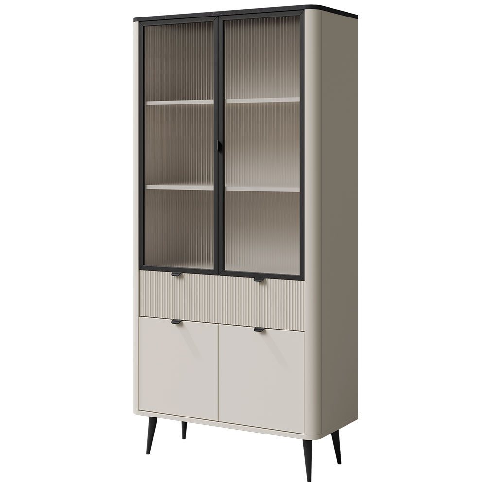 Feldmann-Wohnen Vitrine Marly (mit Schubladen, 2 Glastüren, 2 Holztüren, 1-St., moderne Optik, abgerundeter Korpus, Zugengriffe aus Metall) 90x40x191cm Kaschmir / Graustein von Feldmann-Wohnen