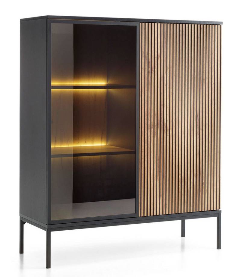 Feldmann-Wohnen Vitrine Sento (2 Türen, innen je 2 Böden, mit Glaseinsatz, Türanschlag wechselbar, 1-St., Push to open Funktion & LEDs, Grifflos, Fronten mit geriffelten Muster) 104x39x126cm schwarz / Wotan Eiche MDF von Feldmann-Wohnen