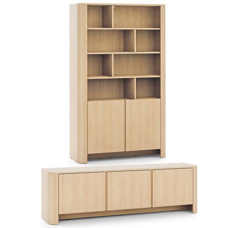 Feldmann-Wohnen Wohnwand Bari, (Drehtüren, mit Einlegeböden, mit offenen und geschlossenen Fächern, 2-St., moderne matte Optik, abgerundeter Korpus, grifflos, Push-to-Open), Wohnzimmer-Set 2er-Set Eiche Vicenza von Feldmann-Wohnen