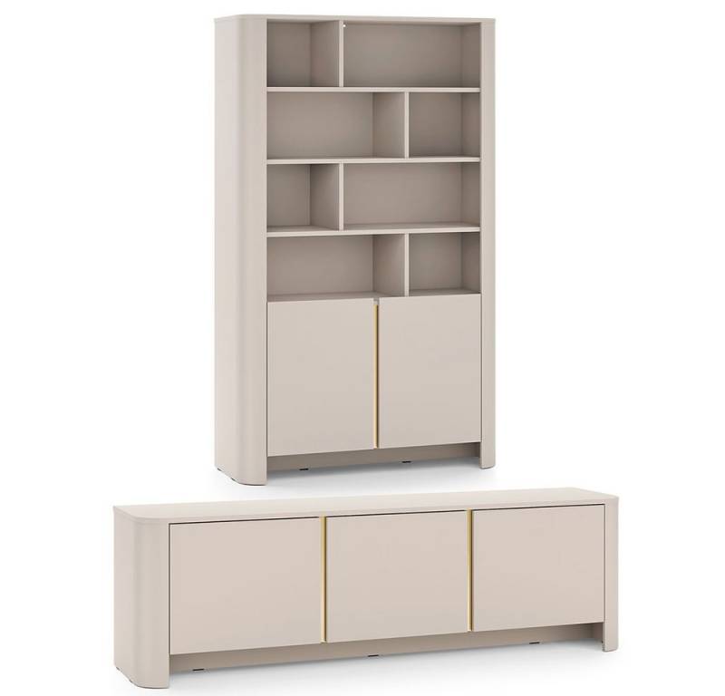 Feldmann-Wohnen Wohnwand Bari, (Drehtüren, mit Einlegeböden, mit offenen und geschlossenen Fächern, 2-St., moderne matte Optik, abgerundeter Korpus, grifflos, Push-to-Open), Wohnzimmer-Set 2er-Set Kaschmir / Gold von Feldmann-Wohnen