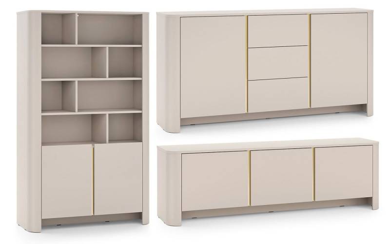 Feldmann-Wohnen Wohnwand Bari, (Drehtüren, mit Einlegeböden, mit offenen und geschlossenen Fächern, 3-St., moderne matte Optik, abgerundeter Korpus, grifflos, Push-to-Open), Wohnzimmer-Set 3er-Set Kaschmir / Gold von Feldmann-Wohnen