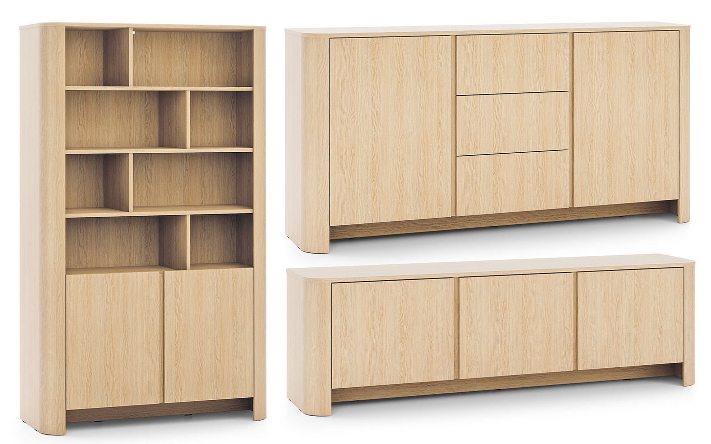 Feldmann-Wohnen Wohnwand Bari, (Drehtüren, mit Einlegeböden, mit offenen und geschlossenen Fächern, 3-St., moderne matte Optik, abgerundeter Korpus, grifflos, Push-to-Open), Wohnzimmer-Set 3er-Set Eiche Vicenza von Feldmann-Wohnen